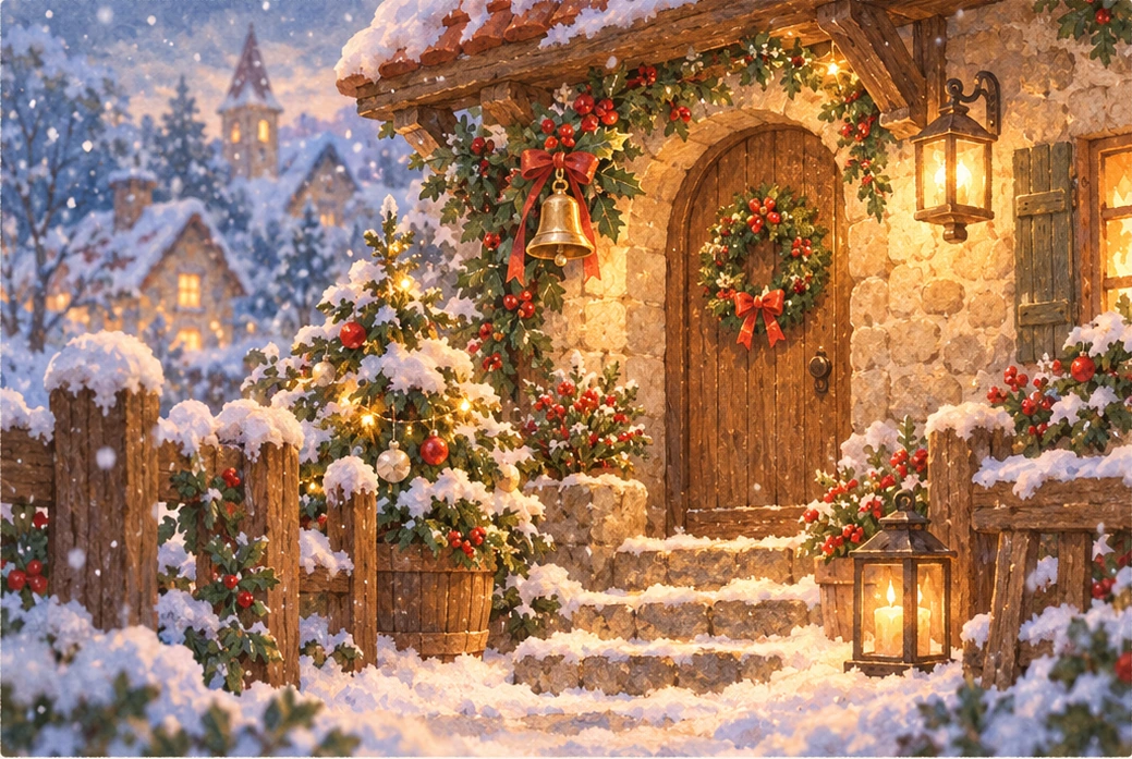 Tiny Christmas: Holly and lamplight at the cottage door watercolor illustration
