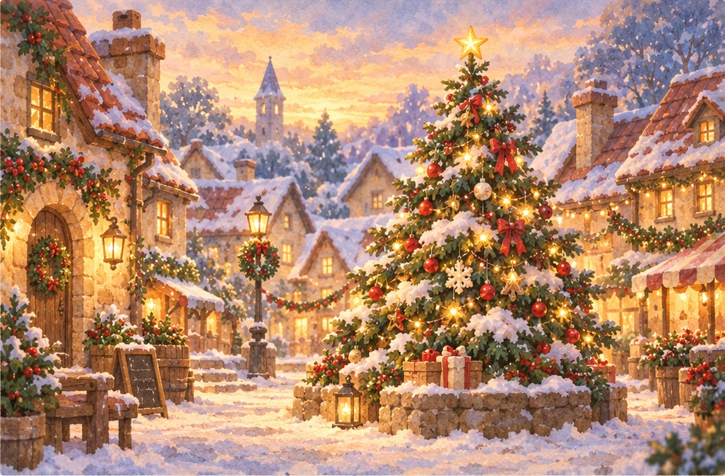 Tiny Christmas: A Christmas tree in the village square watercolor illustration