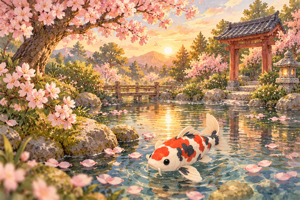 Tiny Japan: Golden light over the garden pond watercolor illustration