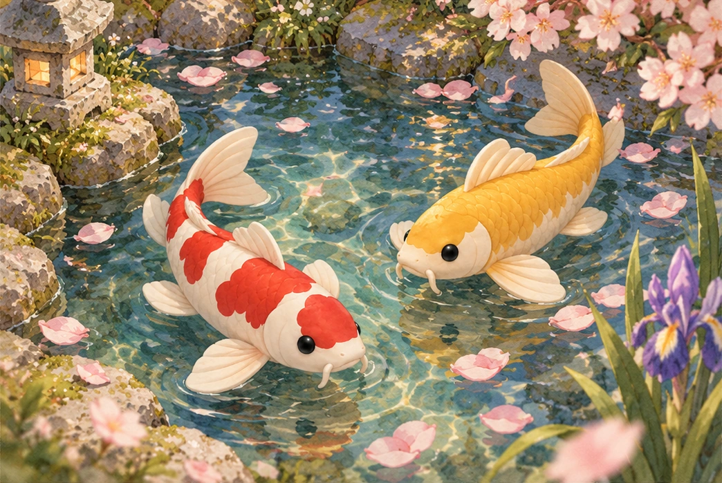 Tiny Japan: Koi beneath the cherry petals watercolor illustration