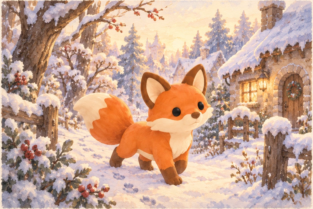 Tiny Winter: A fox on the snowy village path watercolor illustration