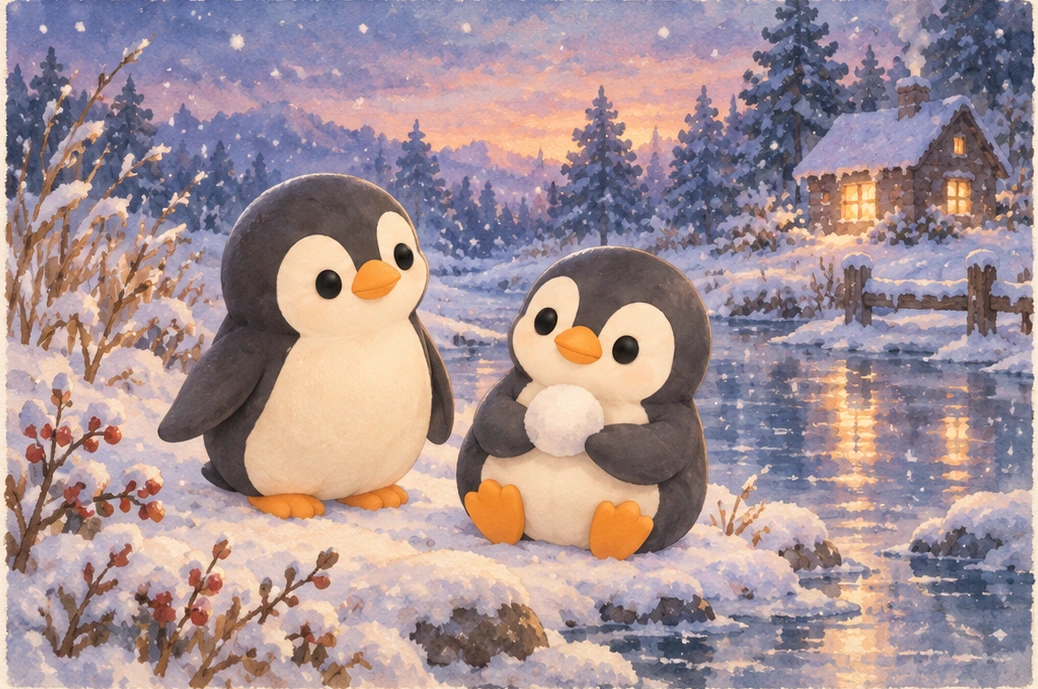Tiny Winter: Penguins beside the winter pond watercolor illustration